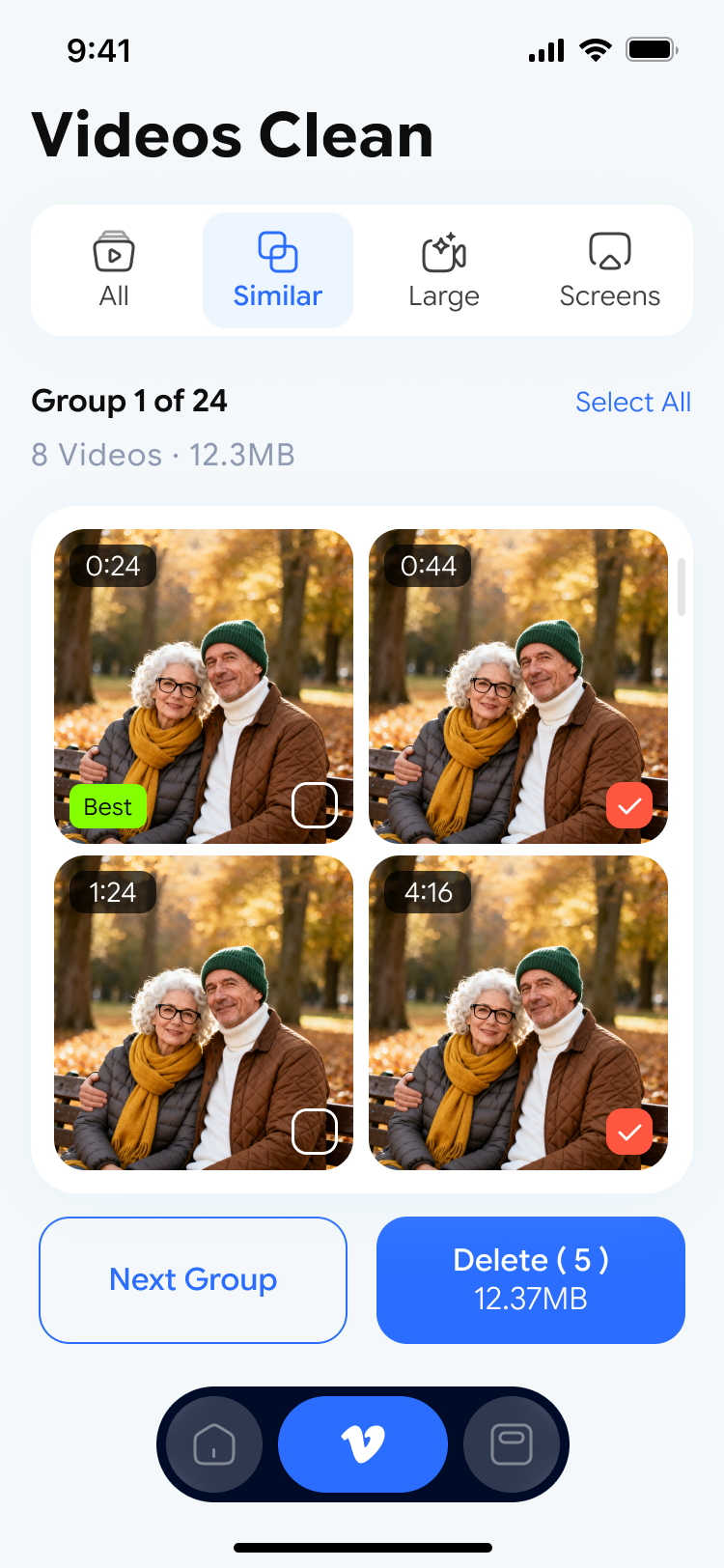 Grouped video cleanup screen in Flick Clean